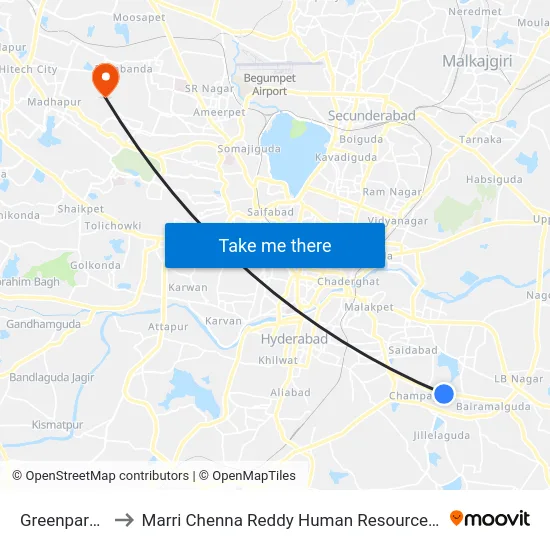Greenpark Colony to Marri Chenna Reddy Human Resources Development Institute map