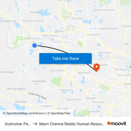 Gulmohar Park Bus Stop to Marri Chenna Reddy Human Resources Development Institute map