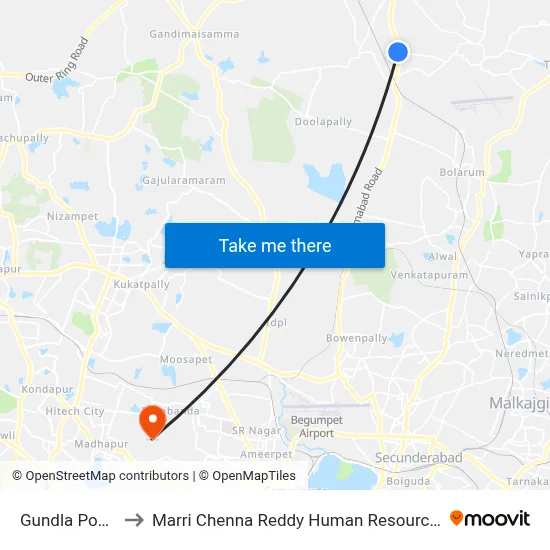 Gundla Pochampally to Marri Chenna Reddy Human Resources Development Institute map