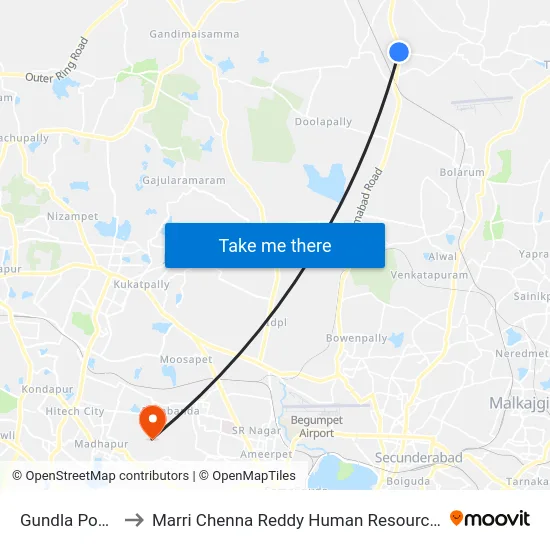 Gundla Pochampally to Marri Chenna Reddy Human Resources Development Institute map