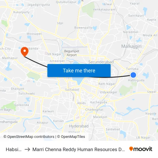 Habsiguda to Marri Chenna Reddy Human Resources Development Institute map