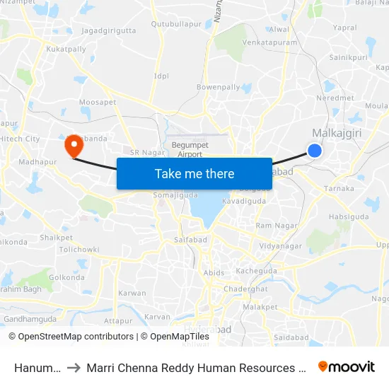 Hanumanpet to Marri Chenna Reddy Human Resources Development Institute map