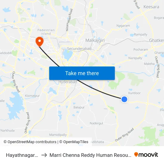 Hayathnagar Bus Station to Marri Chenna Reddy Human Resources Development Institute map