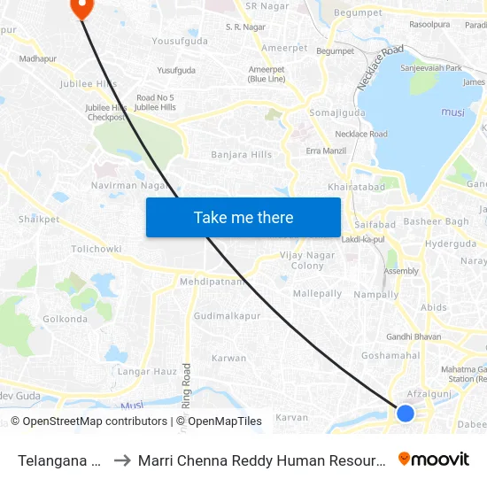 Telangana High Court to Marri Chenna Reddy Human Resources Development Institute map