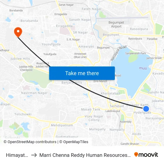 Himayathnagar to Marri Chenna Reddy Human Resources Development Institute map