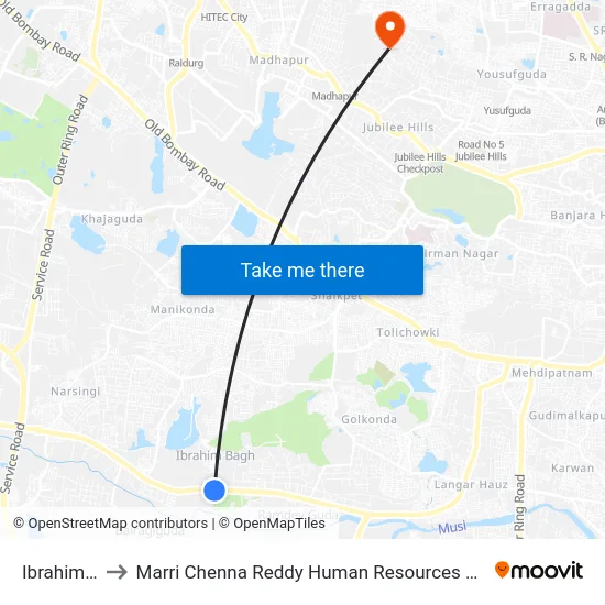 Ibrahim Bagh to Marri Chenna Reddy Human Resources Development Institute map