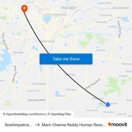 Ibrahimpatnam Bus Station to Marri Chenna Reddy Human Resources Development Institute map