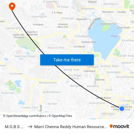 M.G.B.S Exit Gate to Marri Chenna Reddy Human Resources Development Institute map