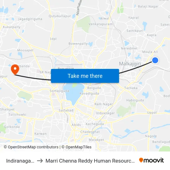 Indiranagar Moulali to Marri Chenna Reddy Human Resources Development Institute map