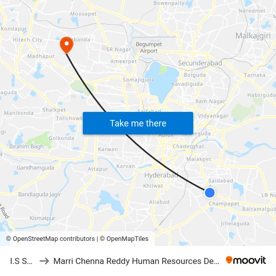 I.S Sadan to Marri Chenna Reddy Human Resources Development Institute map