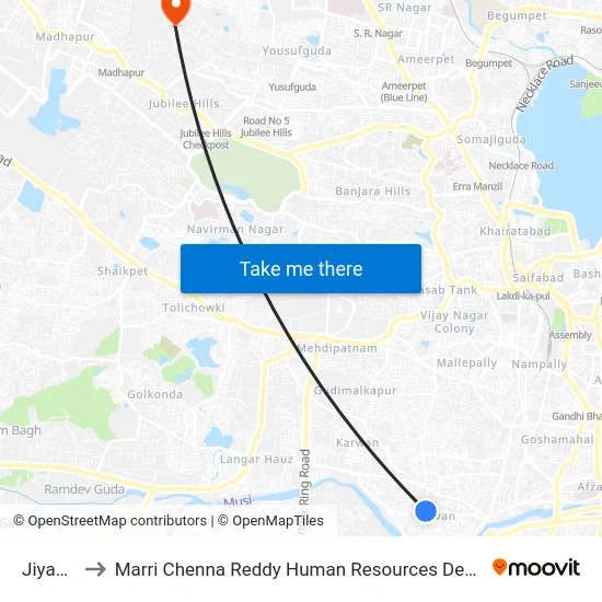 Jiyaguda to Marri Chenna Reddy Human Resources Development Institute map