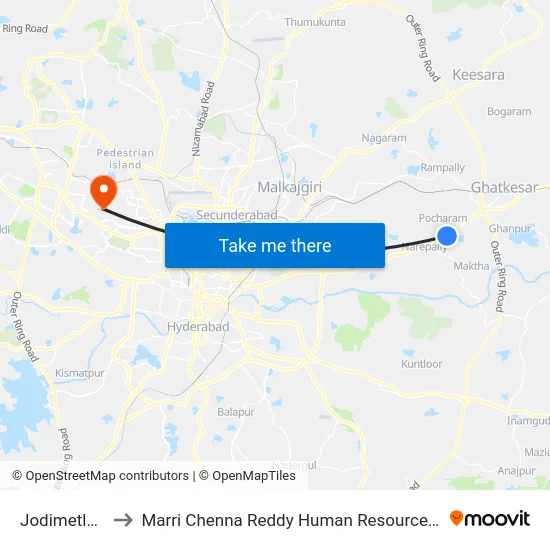 Jodimetla X Road to Marri Chenna Reddy Human Resources Development Institute map
