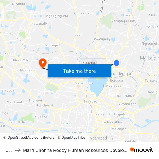 JBS to Marri Chenna Reddy Human Resources Development Institute map