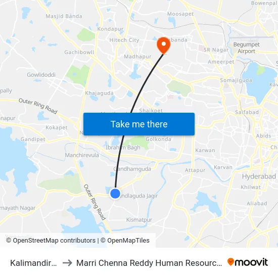 Kalimandir Bus Stop to Marri Chenna Reddy Human Resources Development Institute map