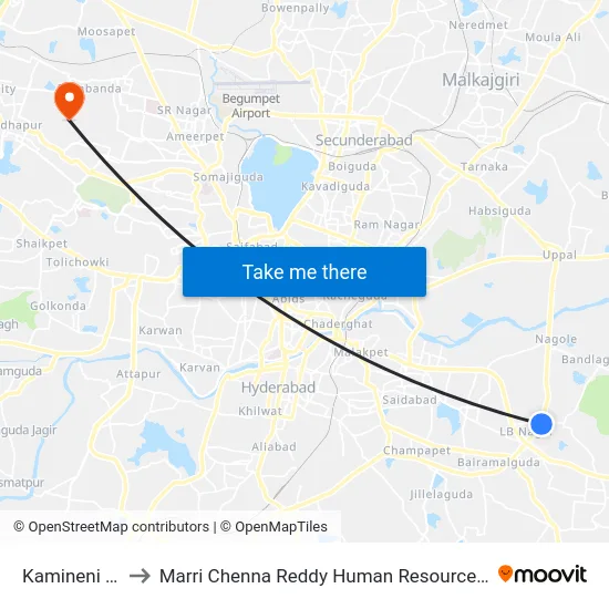 Kamineni Hospital to Marri Chenna Reddy Human Resources Development Institute map