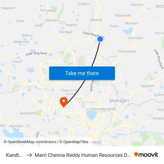 Kandlakoya to Marri Chenna Reddy Human Resources Development Institute map