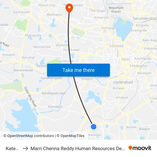 Katedhan to Marri Chenna Reddy Human Resources Development Institute map
