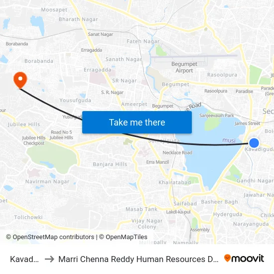 Kavadiguda to Marri Chenna Reddy Human Resources Development Institute map