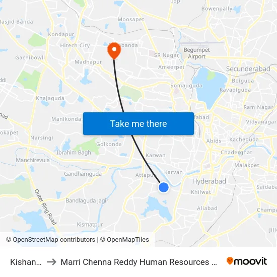 Kishan Bagh to Marri Chenna Reddy Human Resources Development Institute map