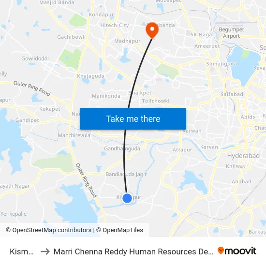 Kismatpur to Marri Chenna Reddy Human Resources Development Institute map