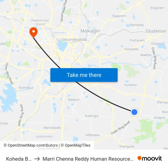 Koheda Bus Stop to Marri Chenna Reddy Human Resources Development Institute map