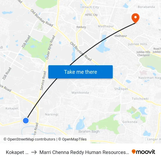 Kokapet X Road to Marri Chenna Reddy Human Resources Development Institute map