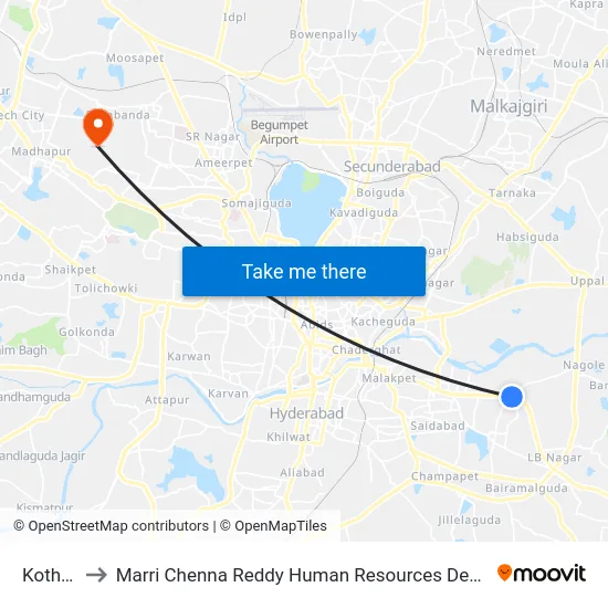 Kothapet to Marri Chenna Reddy Human Resources Development Institute map