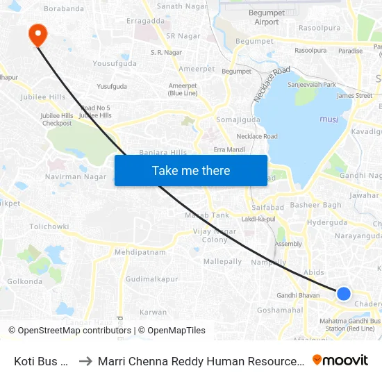 Koti Bus Terminal to Marri Chenna Reddy Human Resources Development Institute map