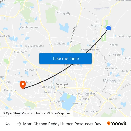 Kowkur to Marri Chenna Reddy Human Resources Development Institute map