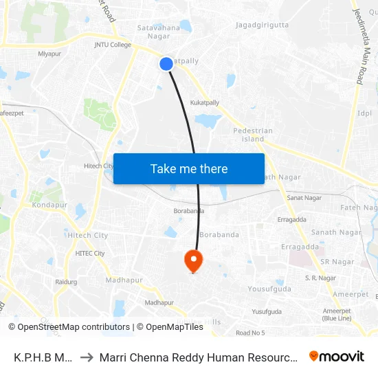 K.P.H.B Main Road to Marri Chenna Reddy Human Resources Development Institute map