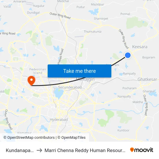 Kundanapally X Road to Marri Chenna Reddy Human Resources Development Institute map