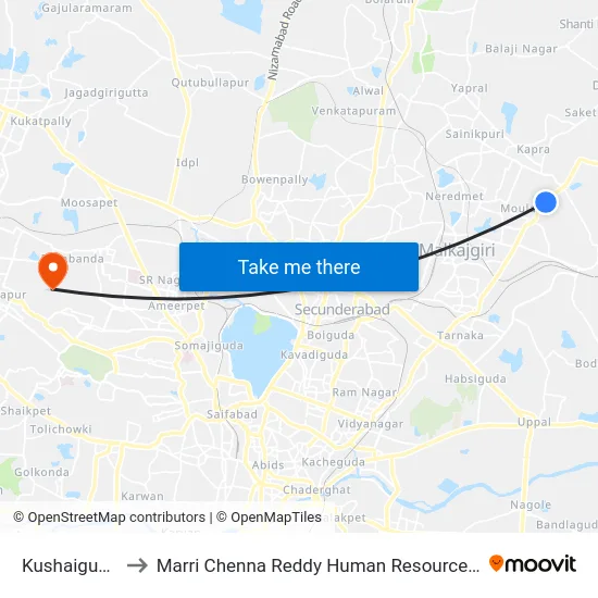 Kushaiguda Depot to Marri Chenna Reddy Human Resources Development Institute map