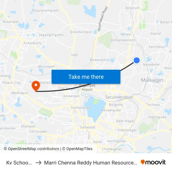 Kv School X Road to Marri Chenna Reddy Human Resources Development Institute map