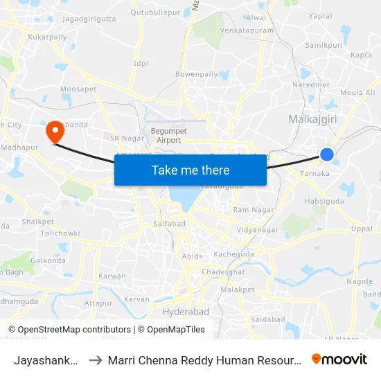 Jayashankar Stadium to Marri Chenna Reddy Human Resources Development Institute map