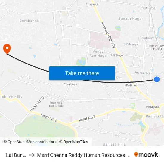Lal Bungalow to Marri Chenna Reddy Human Resources Development Institute map