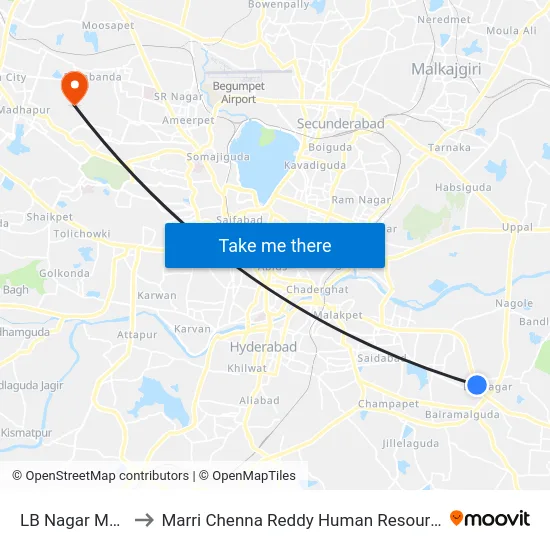 LB Nagar Metro Station to Marri Chenna Reddy Human Resources Development Institute map