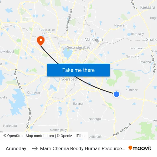 Arunodaya Nagar to Marri Chenna Reddy Human Resources Development Institute map