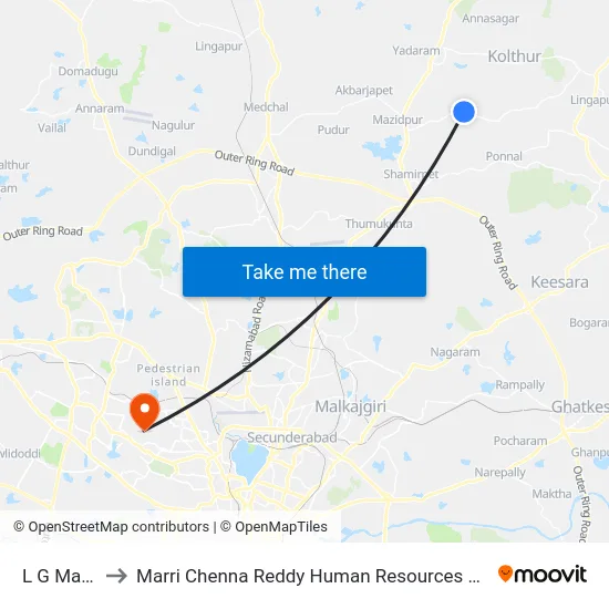 L G Malakpet to Marri Chenna Reddy Human Resources Development Institute map