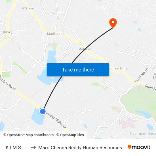 K.I.M.S Hospital to Marri Chenna Reddy Human Resources Development Institute map