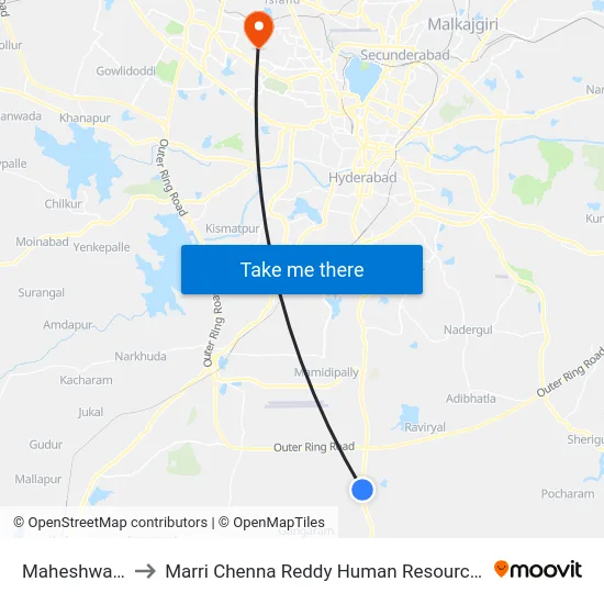 Maheshwaram Gate to Marri Chenna Reddy Human Resources Development Institute map