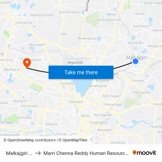 Malkajgiri Bus Stop to Marri Chenna Reddy Human Resources Development Institute map