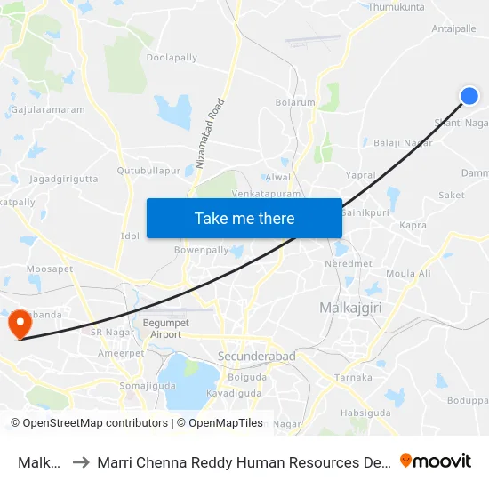 Malkaram to Marri Chenna Reddy Human Resources Development Institute map