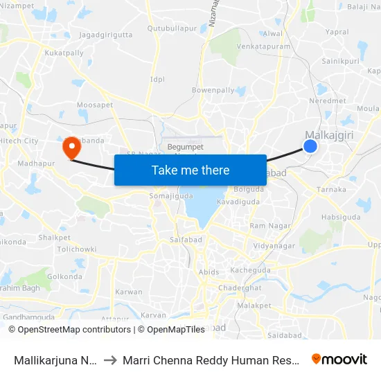 Mallikarjuna Nagar Bus Stop to Marri Chenna Reddy Human Resources Development Institute map