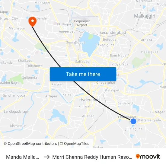 Manda Mallamma Gardens to Marri Chenna Reddy Human Resources Development Institute map
