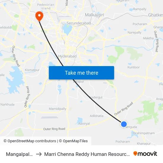 Mangalpally X Road to Marri Chenna Reddy Human Resources Development Institute map