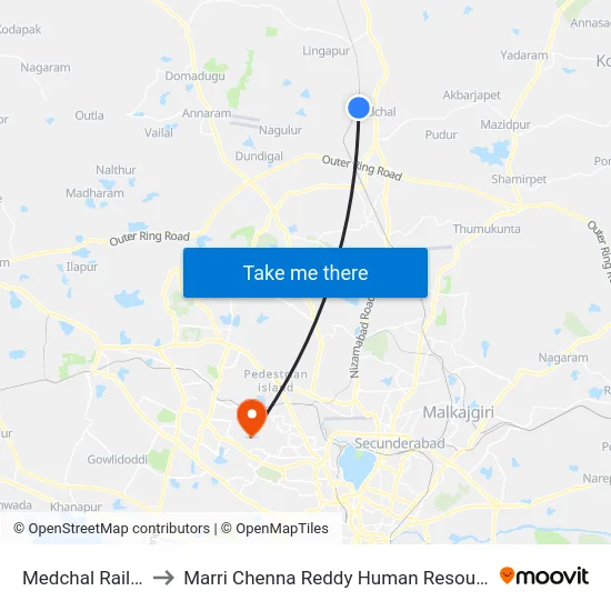 Medchal Railway Station to Marri Chenna Reddy Human Resources Development Institute map