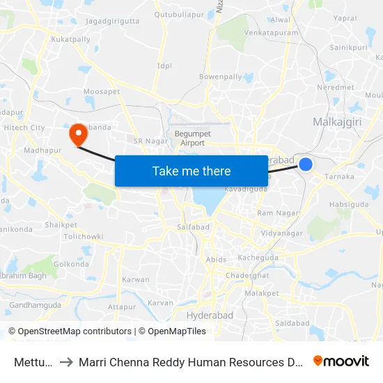 Mettuguda to Marri Chenna Reddy Human Resources Development Institute map