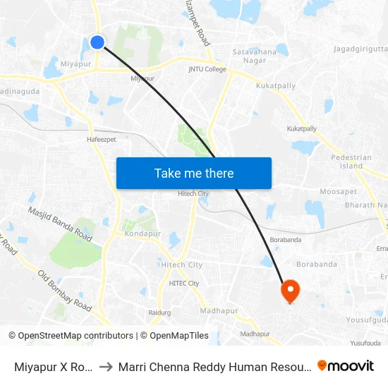 Miyapur X Road Bus Stop to Marri Chenna Reddy Human Resources Development Institute map