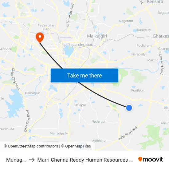Munaganoor to Marri Chenna Reddy Human Resources Development Institute map