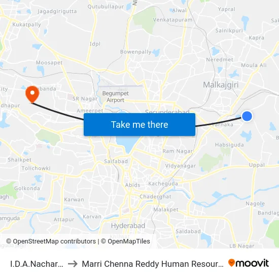 I.D.A.Nacharam X Road to Marri Chenna Reddy Human Resources Development Institute map